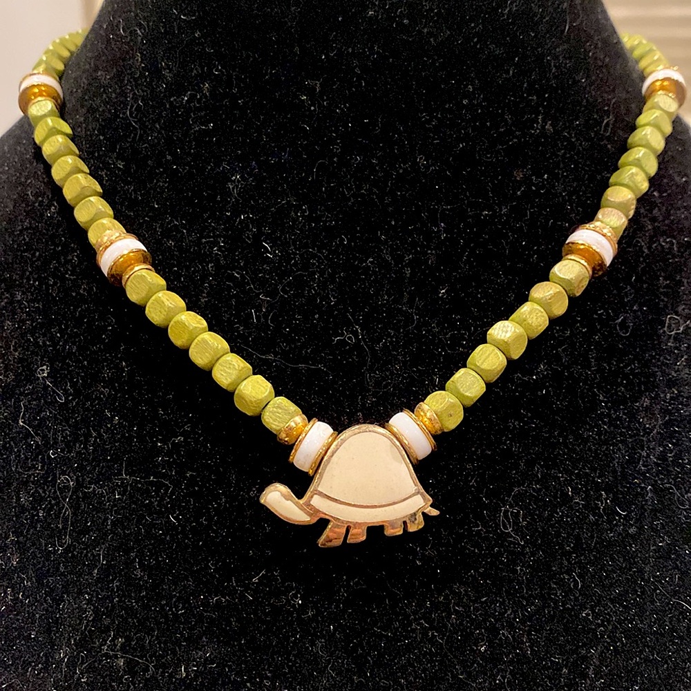 Gay Boyer Avocado Green And Enameled Turtle Necklace.